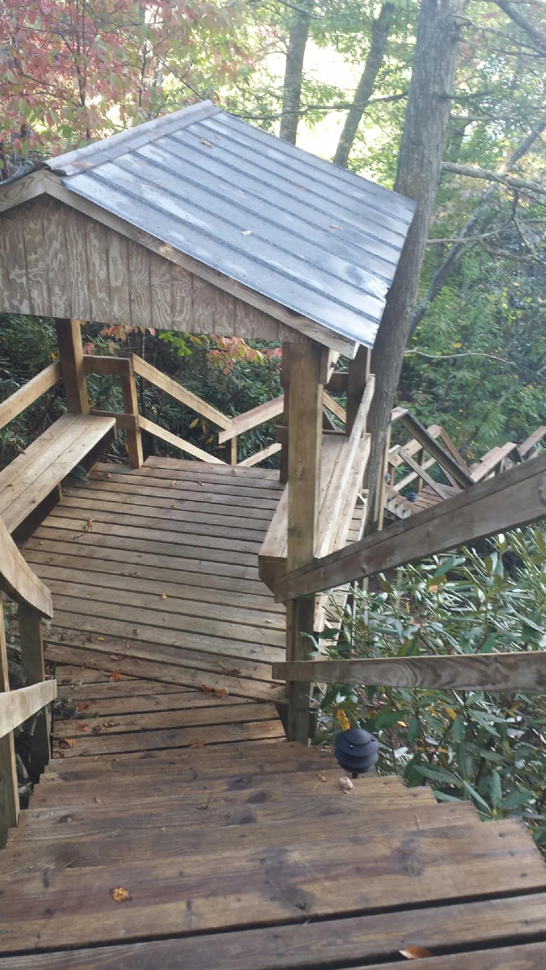 Metal roofed shelter over wooden steps on a wooded walkway — Skylight Repair & Installation work by our crew in Orange Lake